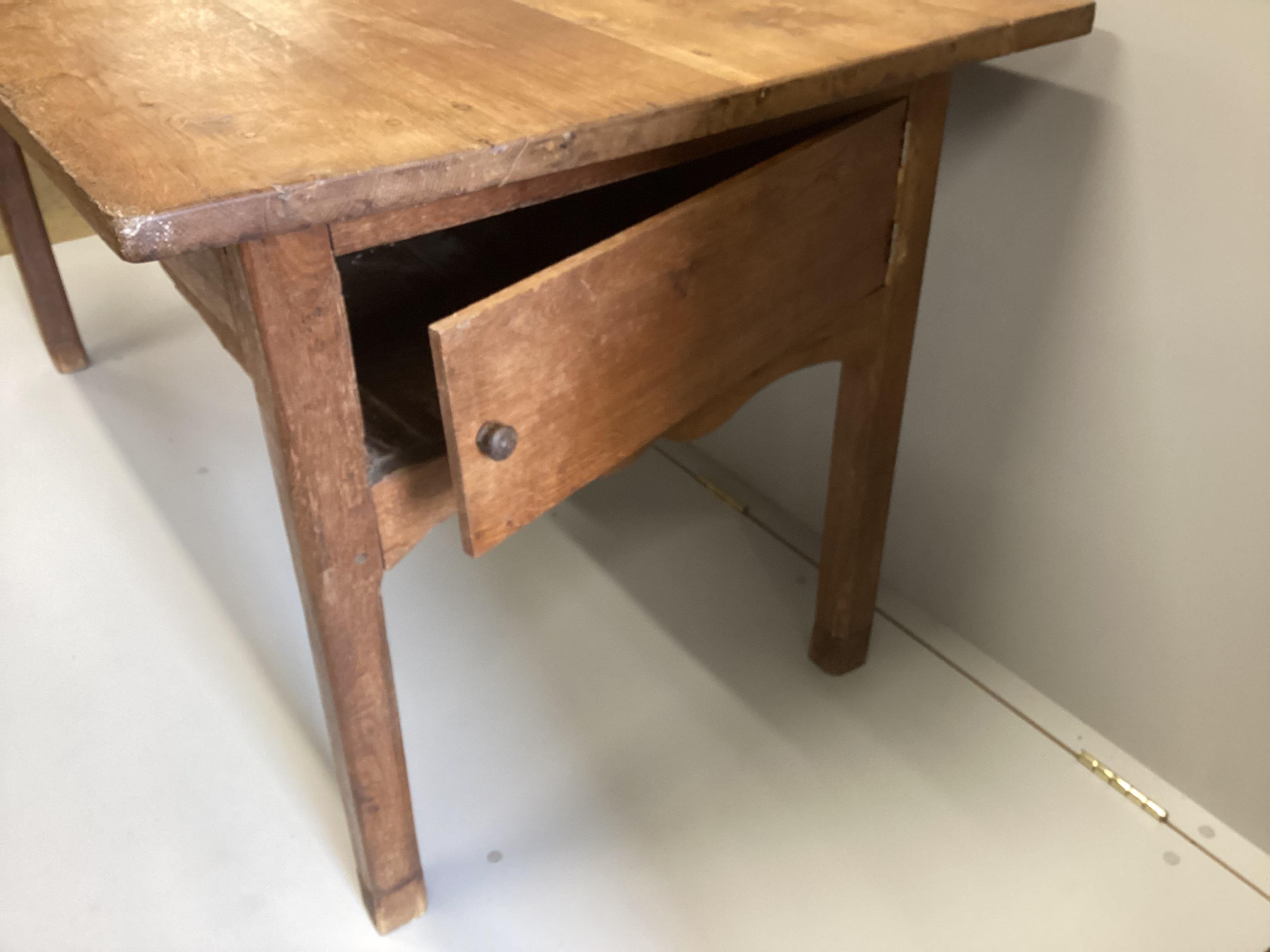 A 19th century French rectangular oak kitchen table, width 150cm, depth 82cm, height 77cm